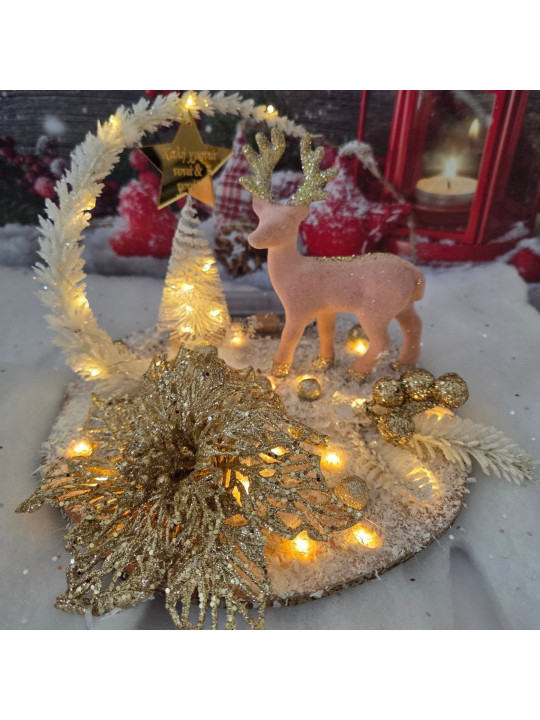 Χριστουγεννιάτικη χειροποίητη σύνθεση με βελούδινο ελάφι σε χιονισμένο τοπίο με φωτισμό led,  XMAS2619