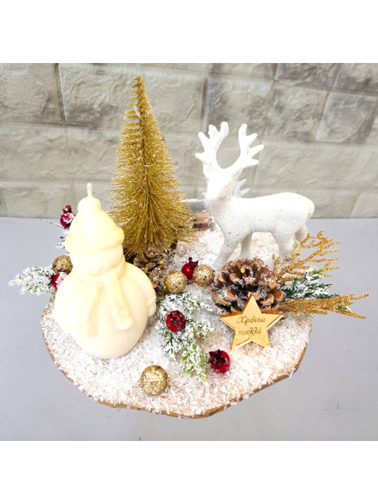 Χριστουγεννιάτικη χειροποίητη σύνθεση με φωτισμό led, αρωματικό κερί, χιονάνθρωπο ,τάρανδο,χιονονιφάδα XMAS2618