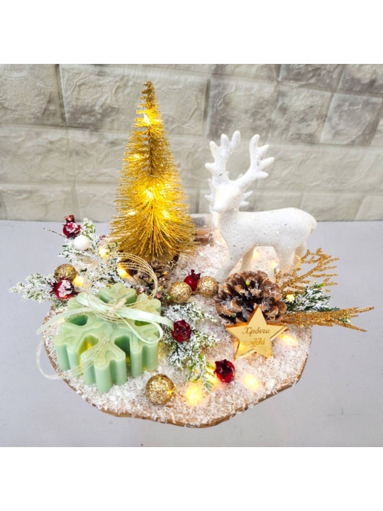 Χριστουγεννιάτικη χειροποίητη σύνθεση με φωτισμό led, αρωματικό κερί, χιονάνθρωπο ,τάρανδο,χιονονιφάδα XMAS2618