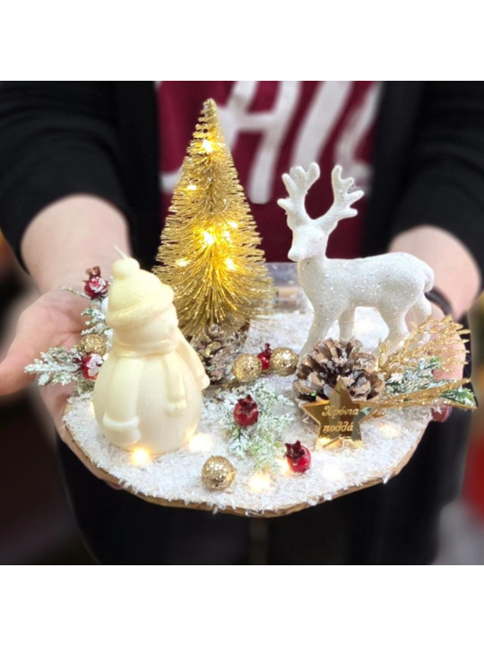 Χριστουγεννιάτικη χειροποίητη σύνθεση με φωτισμό led, αρωματικό κερί, χιονάνθρωπο ,τάρανδο,χιονονιφάδα XMAS2618