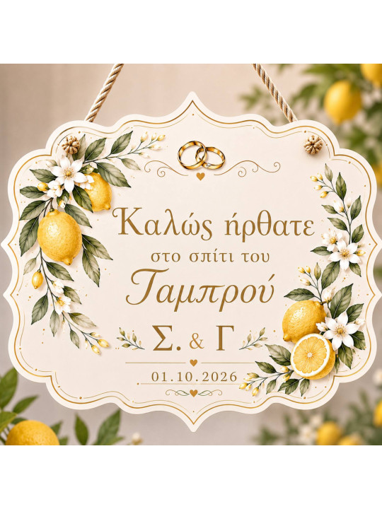Ξύλινη Ταμπέλα Γάμου "Καλώς ήρθατε στο σπίτι της Νύφης" με Θέμα Λεμόνι  Amalfi WD2701
