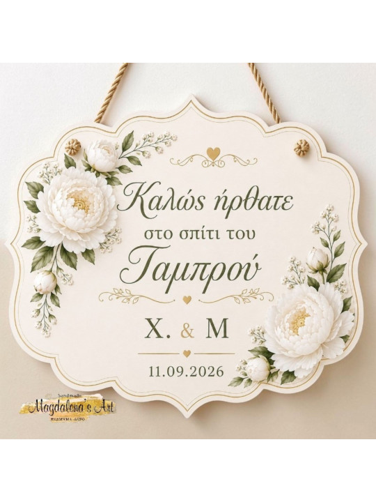 Ξύλινη Ταμπέλα Γάμου "Καλώς ήρθατε στο σπίτι της Νύφης" με Θέμα παιώνια WD2702