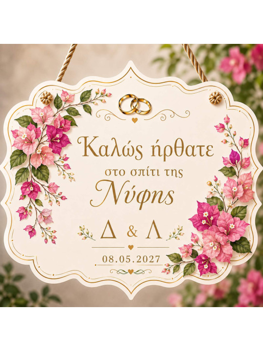 Ξύλινη Ταμπέλα Γάμου με Μπουκαμβίλιες WD2704