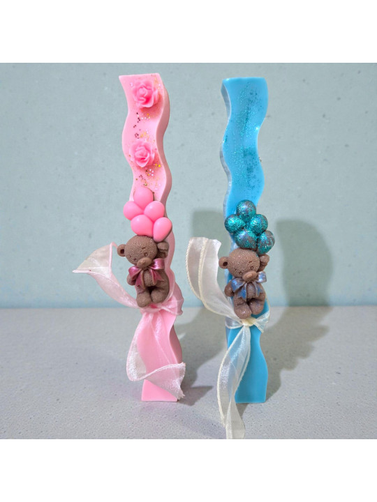 Χειροποίητη Αρωματική  βρεφική Λαμπάδα με τριασδιάστα αρκουδάκια & Μπαλόνια LM2615