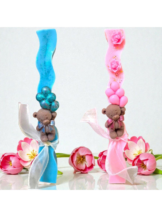 Χειροποίητη Αρωματική  βρεφική Λαμπάδα με τριασδιάστα αρκουδάκια & Μπαλόνια LM2615