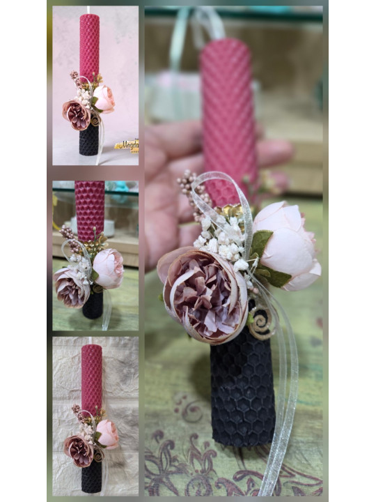 Χειροποίητη Λαμπάδα κερύθρα Ροζ Μαύρη με Ρομαντικά Λουλούδια LM2701