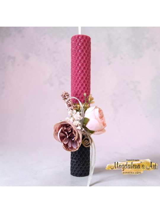 Χειροποίητη Λαμπάδα κερύθρα Ροζ Μαύρη με Ρομαντικά Λουλούδια LM2701